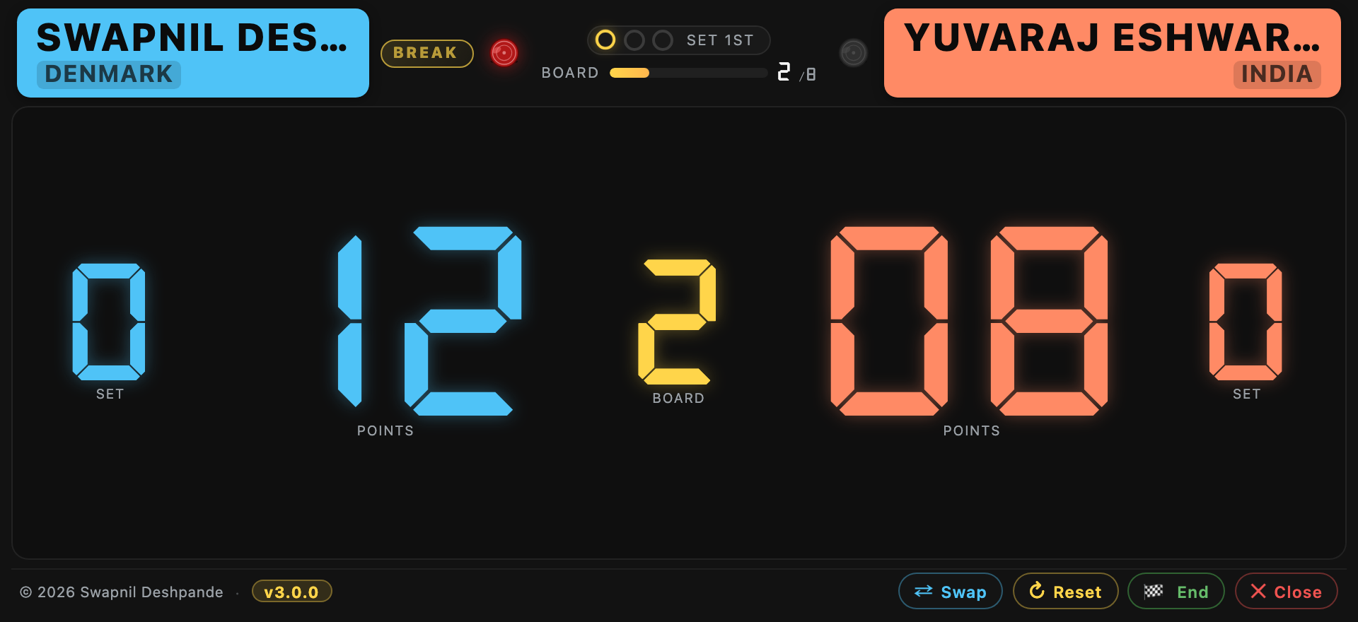CarromPulse scoreboard — mid-match view with DSEG7 score display